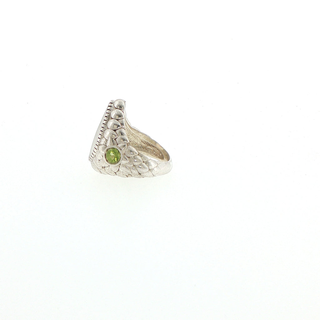 Pear-Shaped Dendritic Agate Cocktail Ring in Textured Silver with Peridot stones