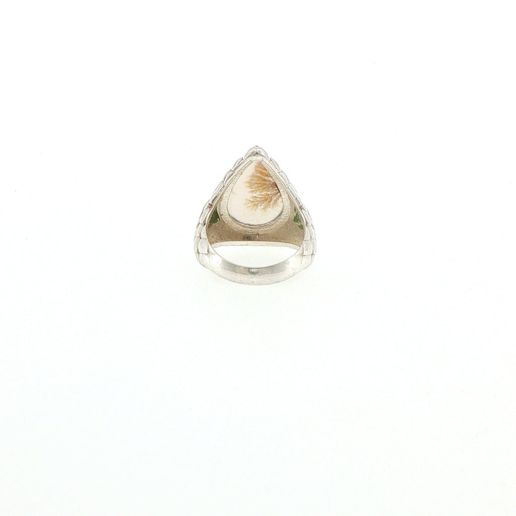 Pear-Shaped Dendritic Agate Cocktail Ring in Textured Silver with Peridot stones