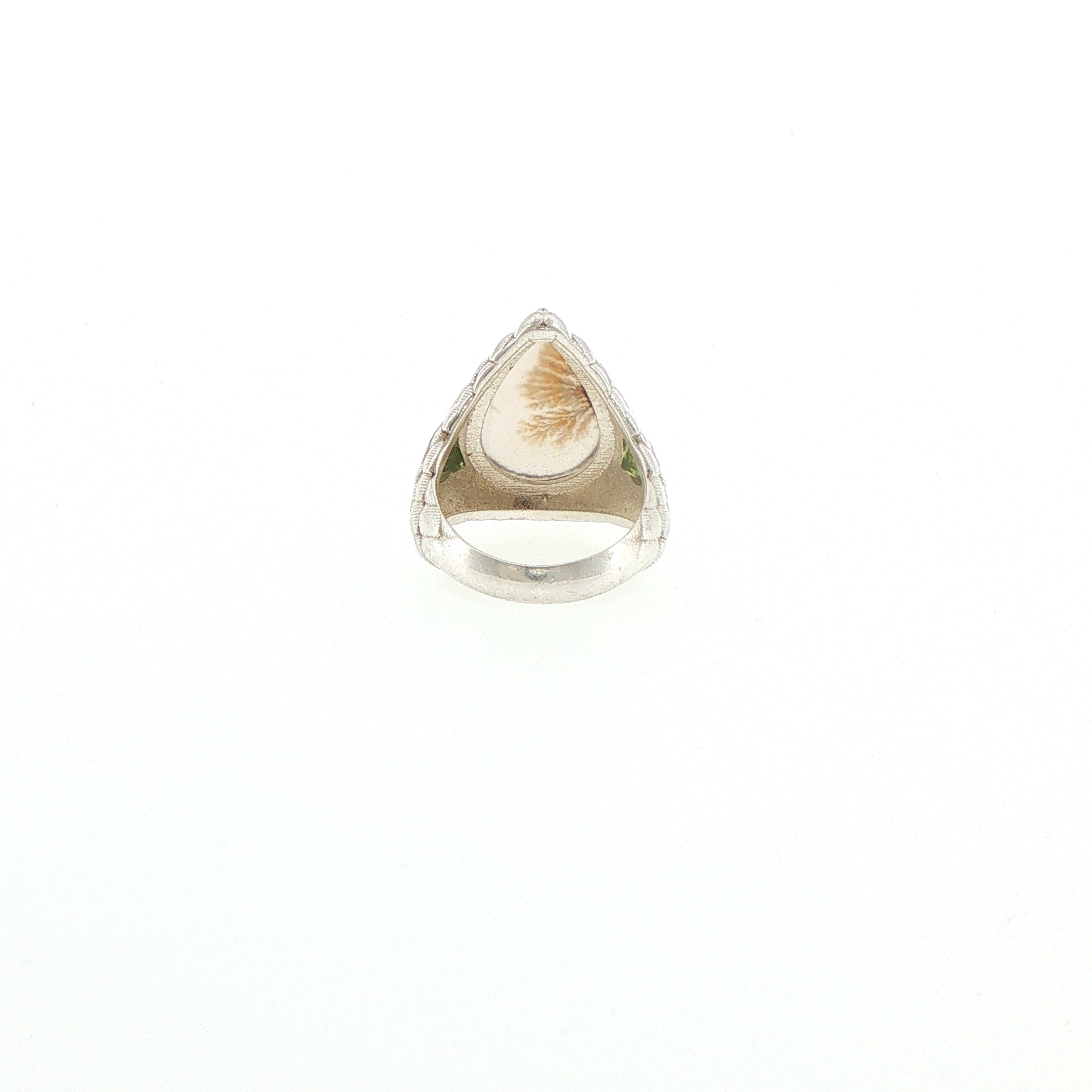 Pear-Shaped Dendritic Agate Cocktail Ring in Textured Silver with Peridot stones