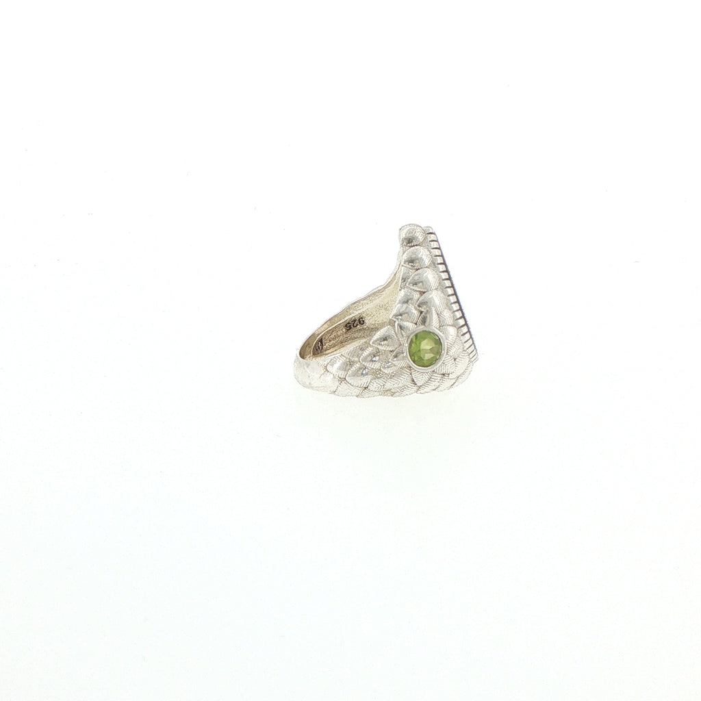 Pear-Shaped Dendritic Agate Cocktail Ring in Textured Silver with Peridot stones