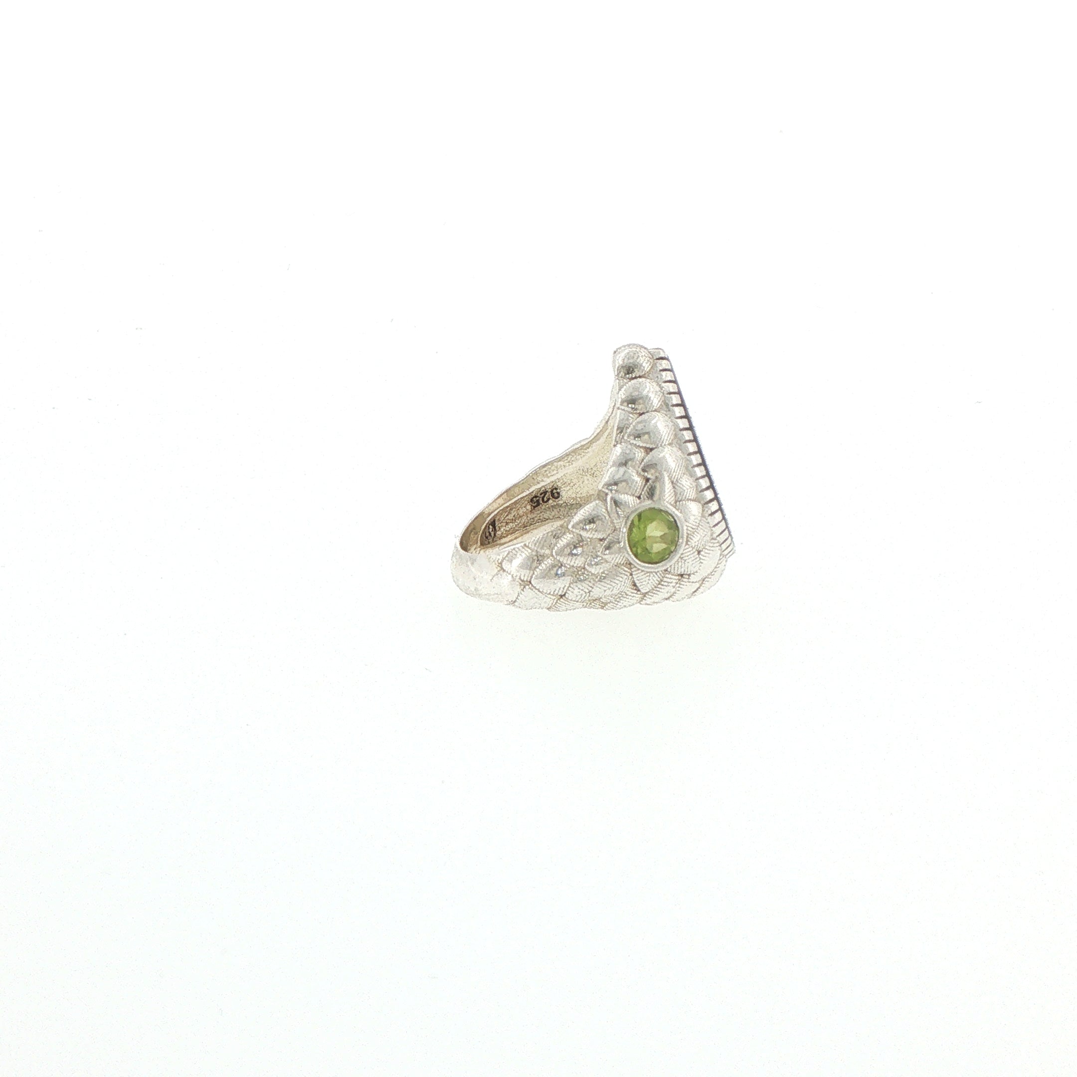 Pear-Shaped Dendritic Agate Cocktail Ring in Textured Silver with Peridot stones