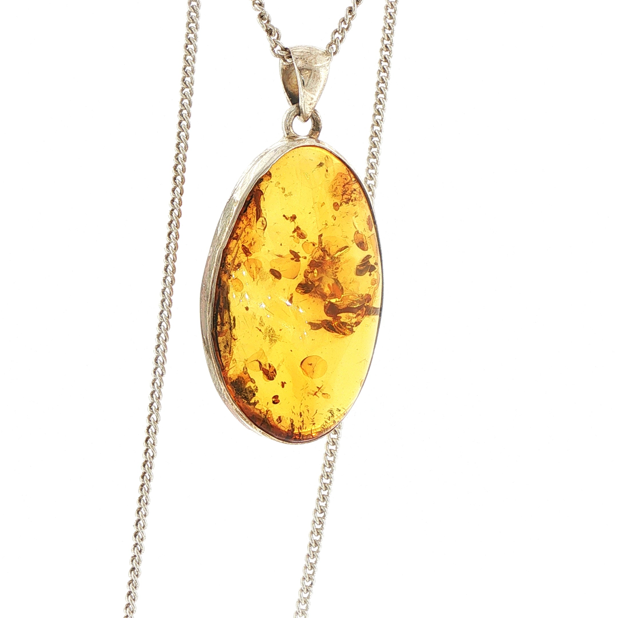 Oval Amber Pendant Necklace in Silver
