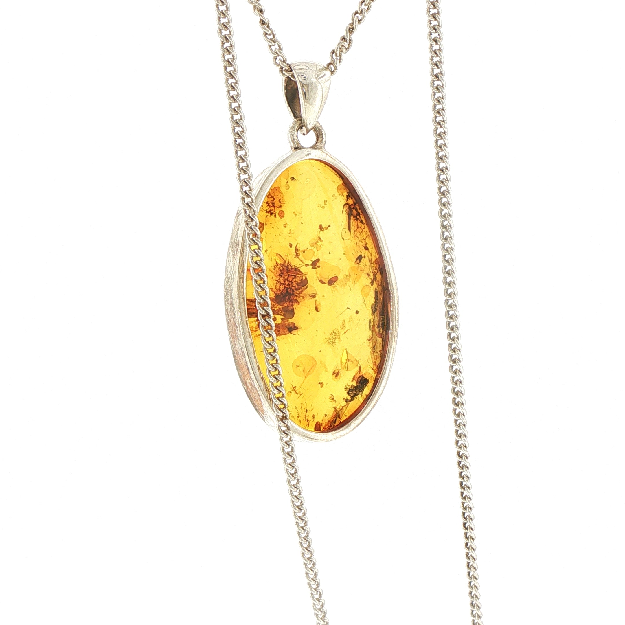 Oval Amber Pendant Necklace in Silver