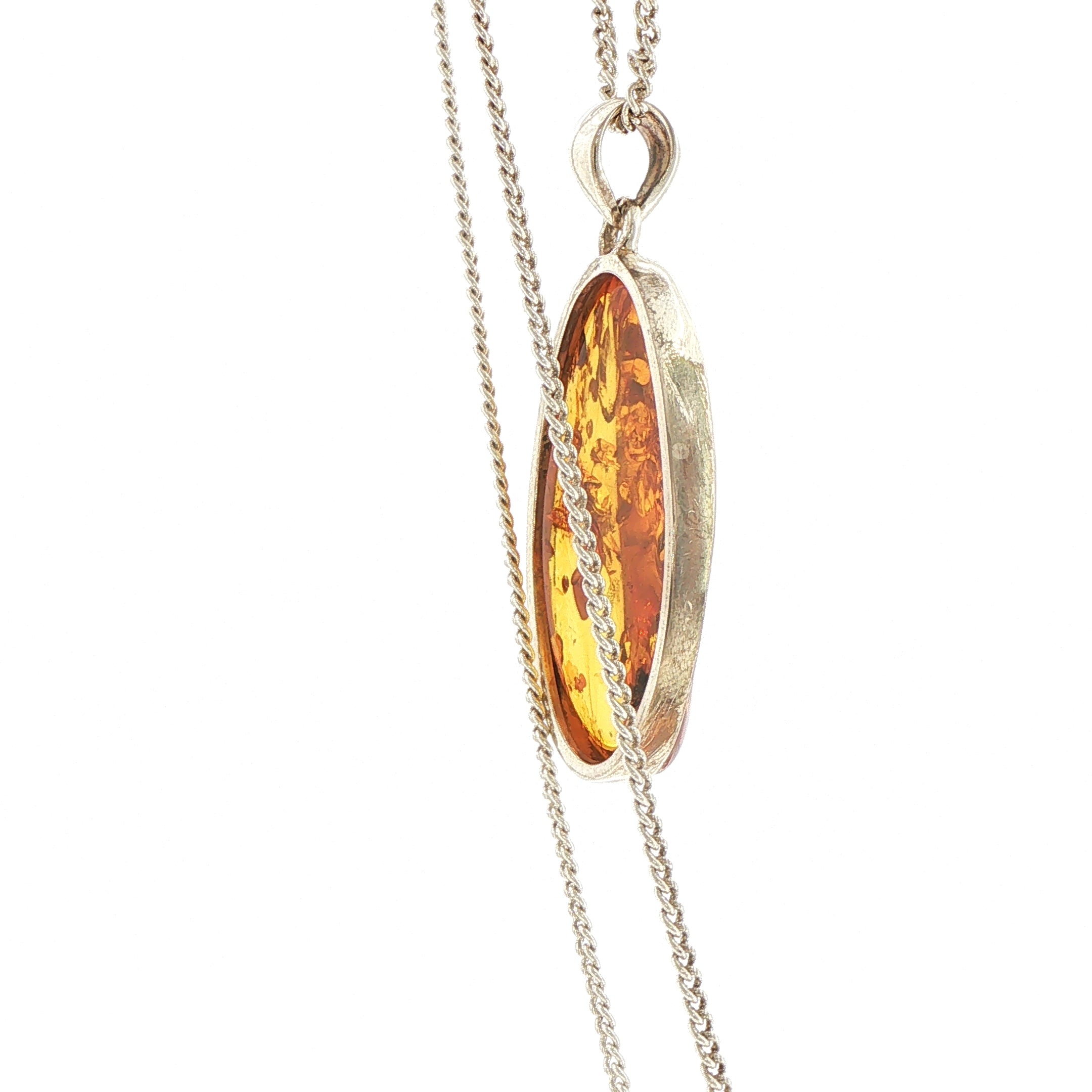 Oval Amber Pendant Necklace in Silver