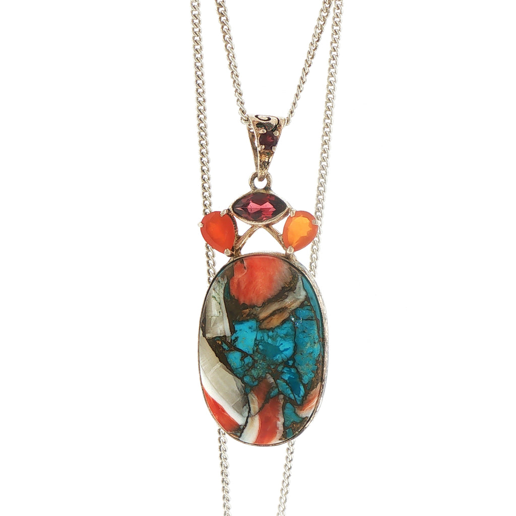 Silver Composite Turquoise and Garnet Mosaic Pendant Necklace
