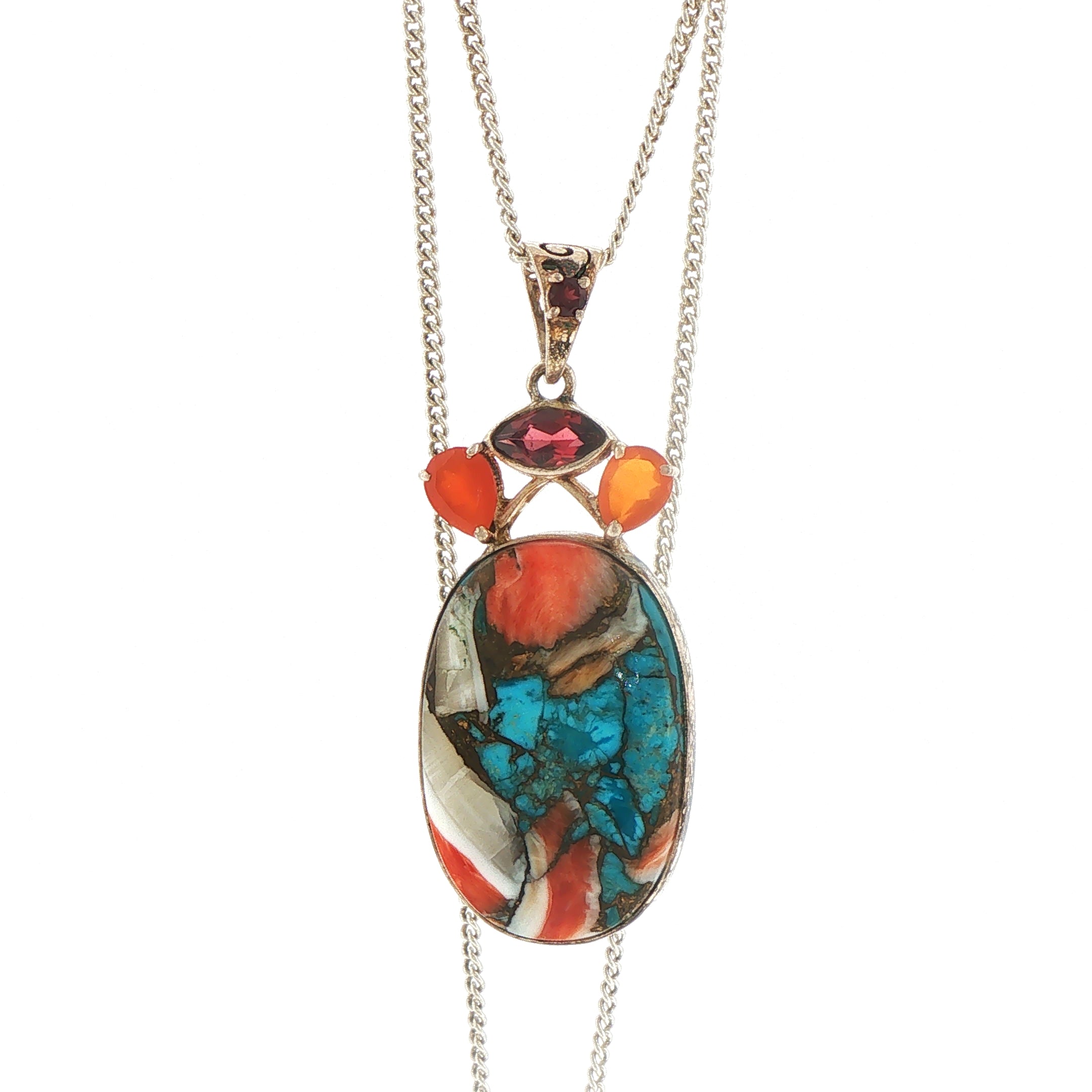 Silver Composite Turquoise and Garnet Mosaic Pendant Necklace