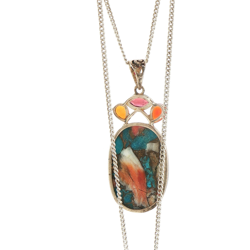 Silver Composite Turquoise and Garnet Mosaic Pendant Necklace