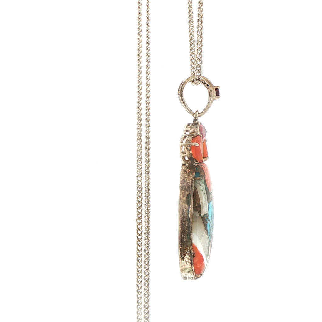 Silver Composite Turquoise and Garnet Mosaic Pendant Necklace