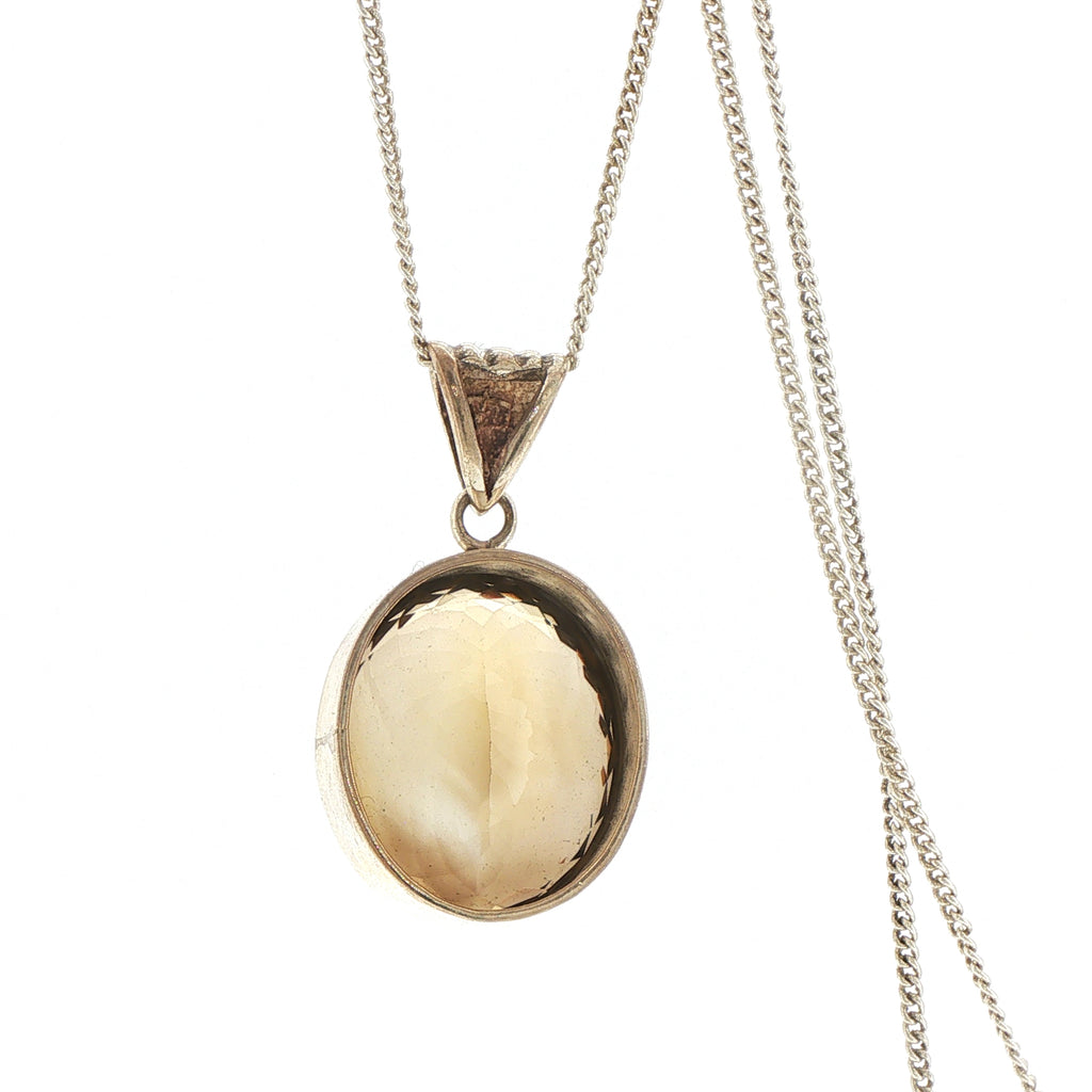 Silver Oval Honey Quartz Pendant Necklace with Decorative Bail