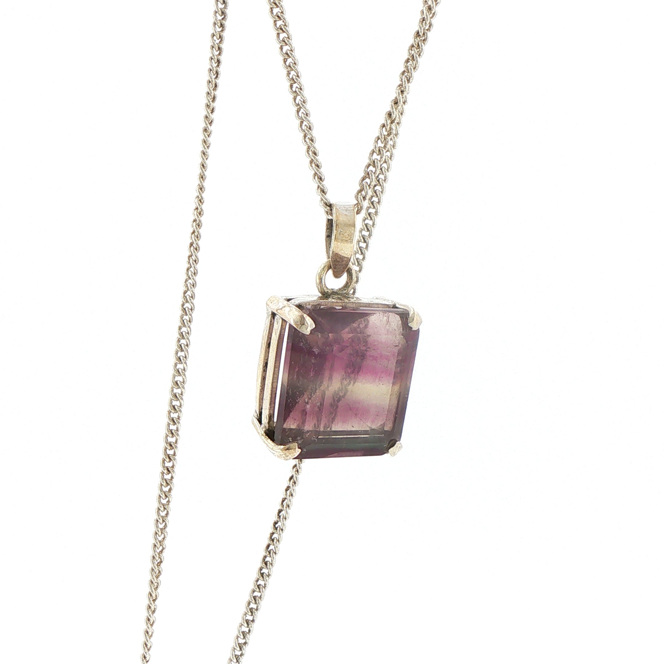 Silver Fluorite Square Charm Necklace