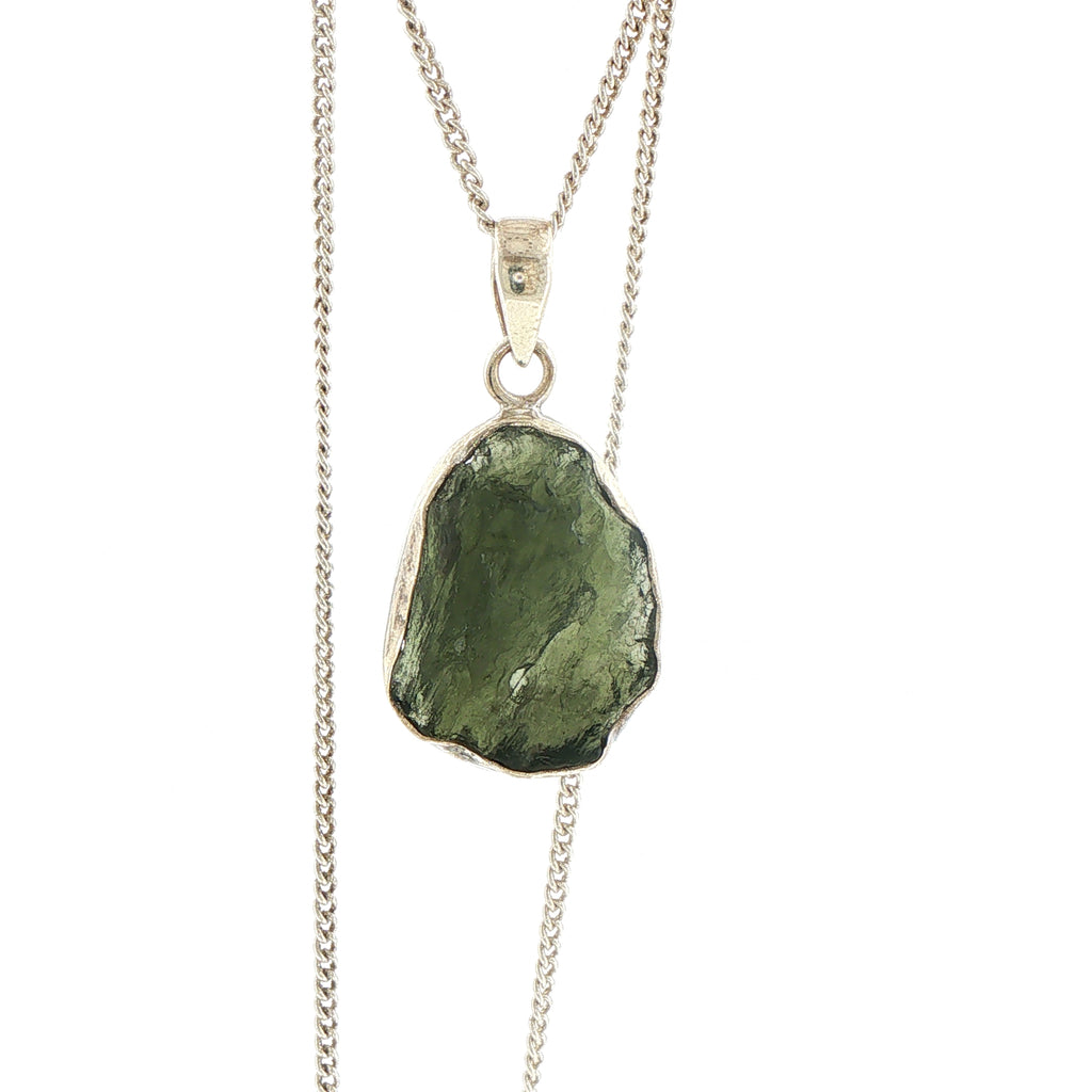 Raw Moldavite Pendant Necklace in Silver