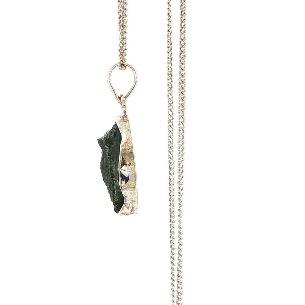 Raw Moldavite Pendant Necklace in Silver