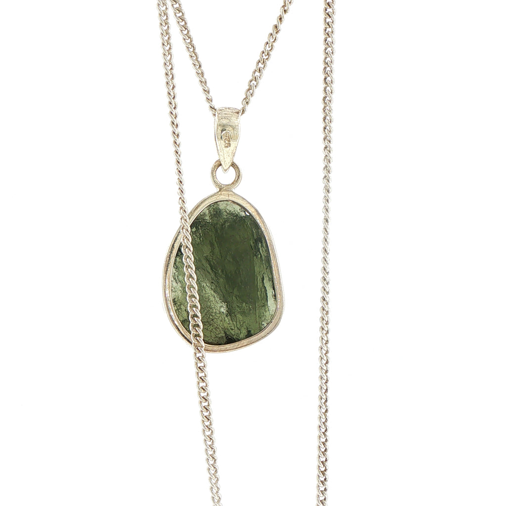 Raw Moldavite Pendant Necklace in Silver