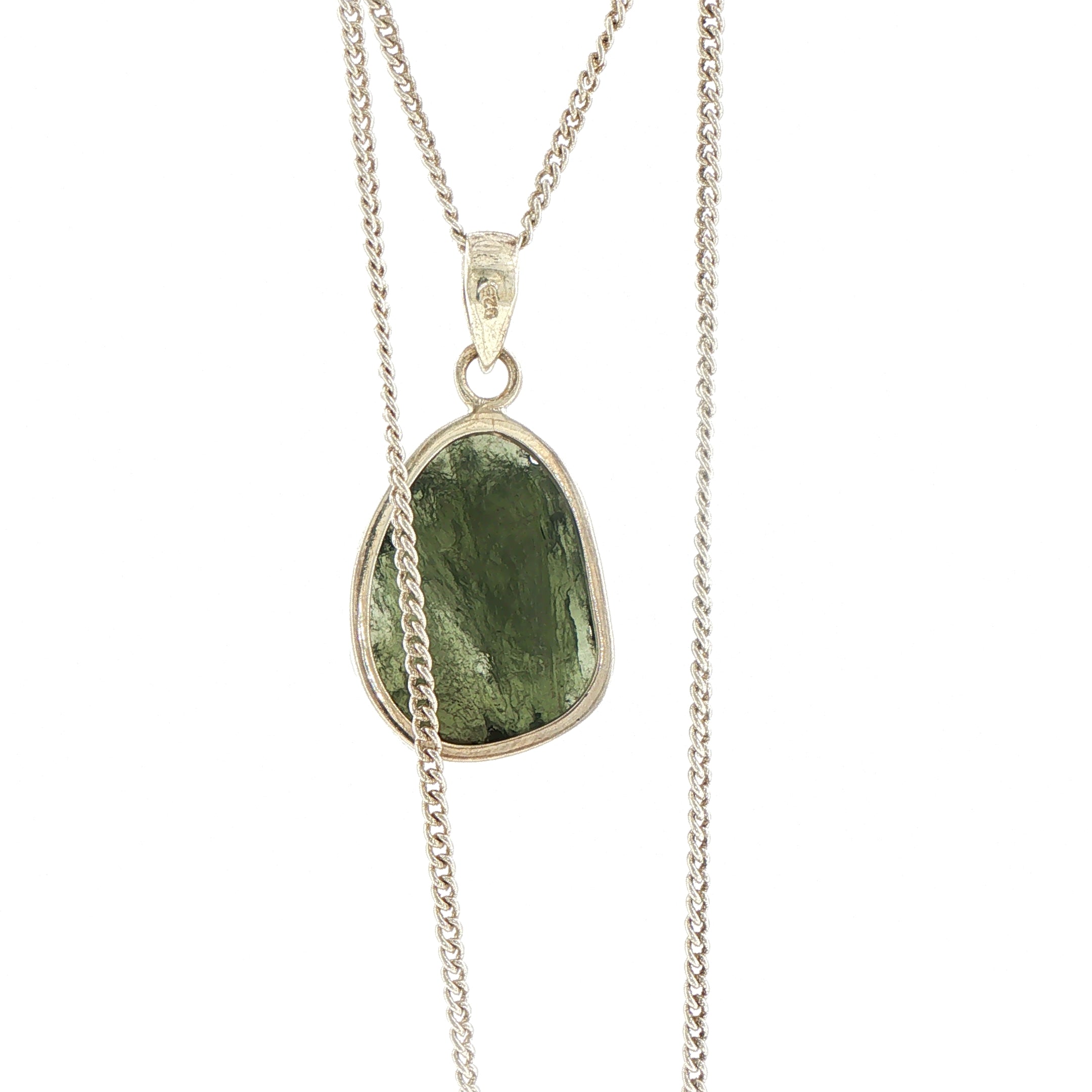 Raw Moldavite Pendant Necklace in Silver