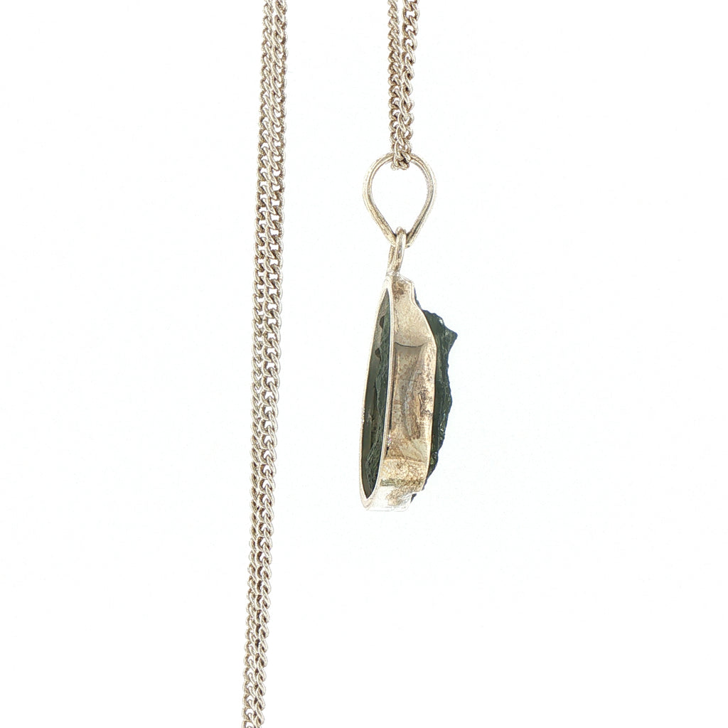 Raw Moldavite Pendant Necklace in Silver