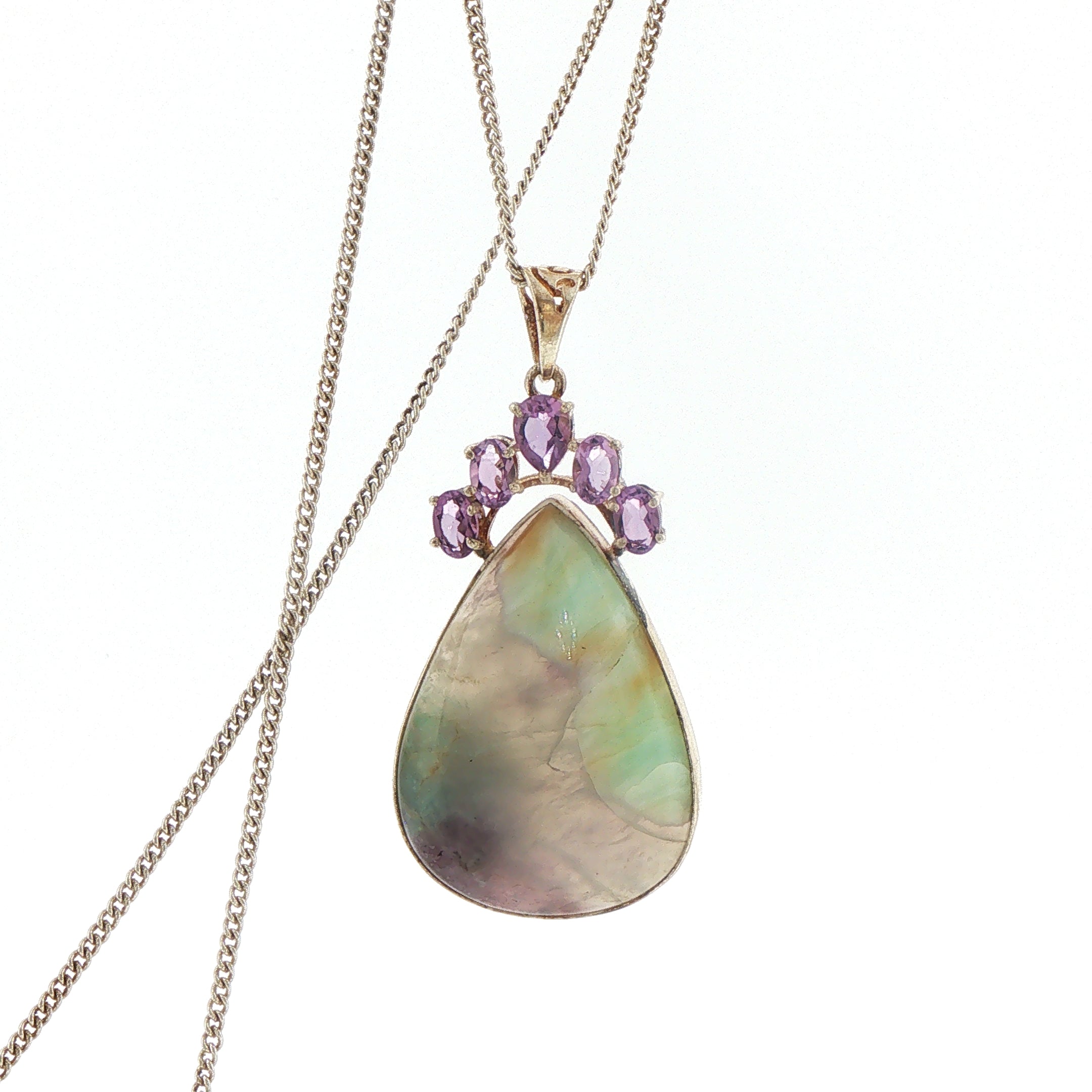 Silver Amethyst and Pear Cabochon Pendant Necklace