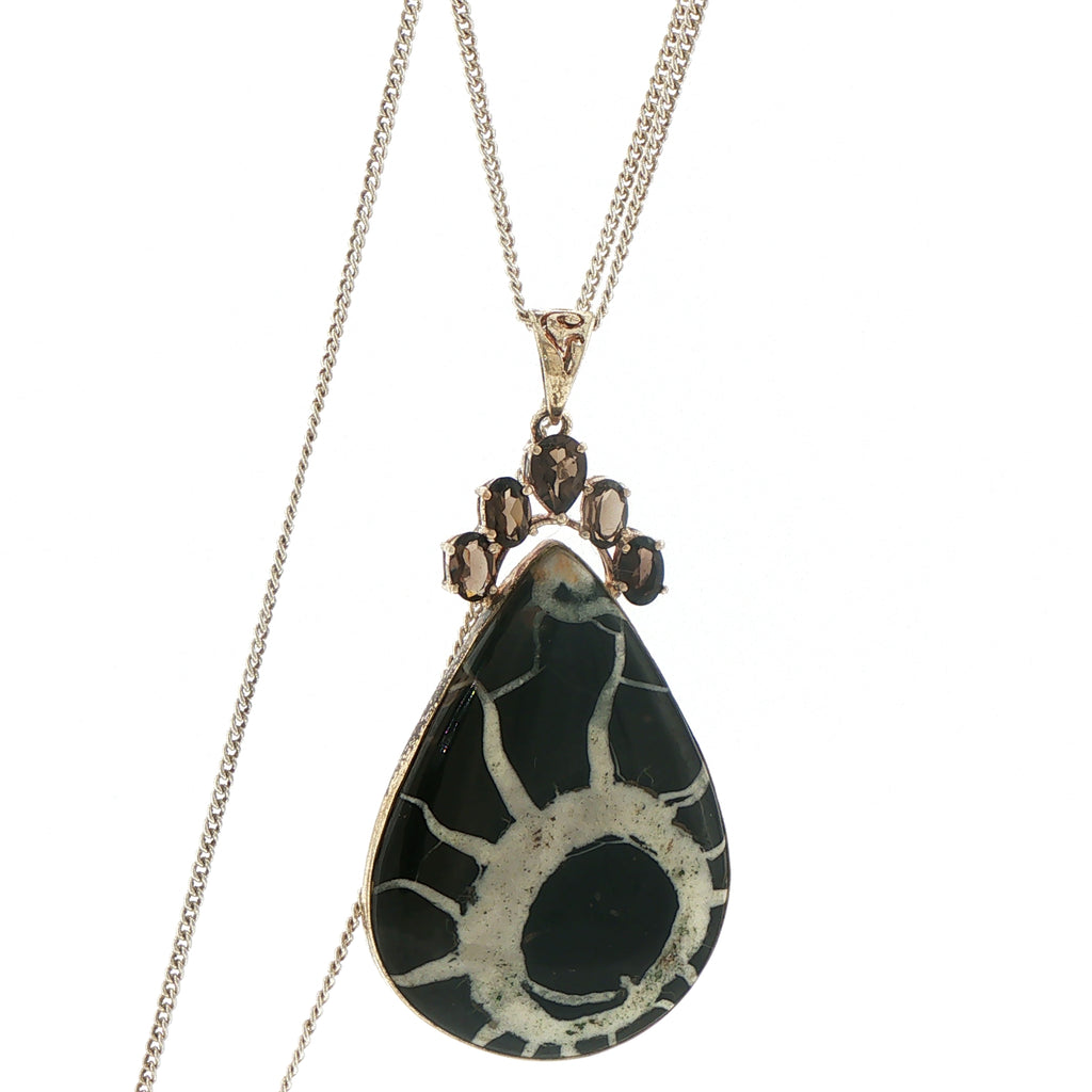 Patterned Teardrop Obsidian and Smokey Quartz Pendant Necklace in Silver