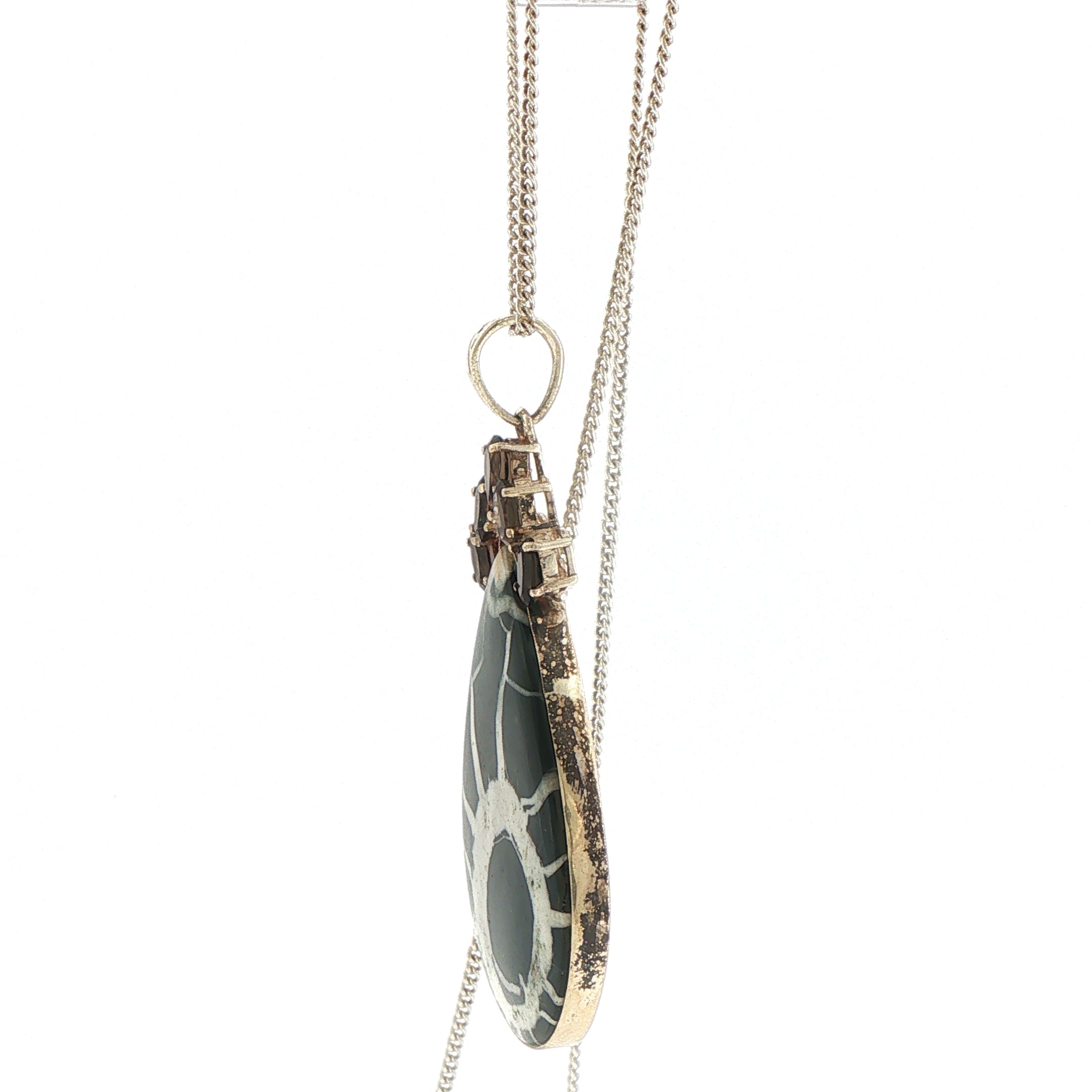 Patterned Teardrop Obsidian and Smokey Quartz Pendant Necklace in Silver