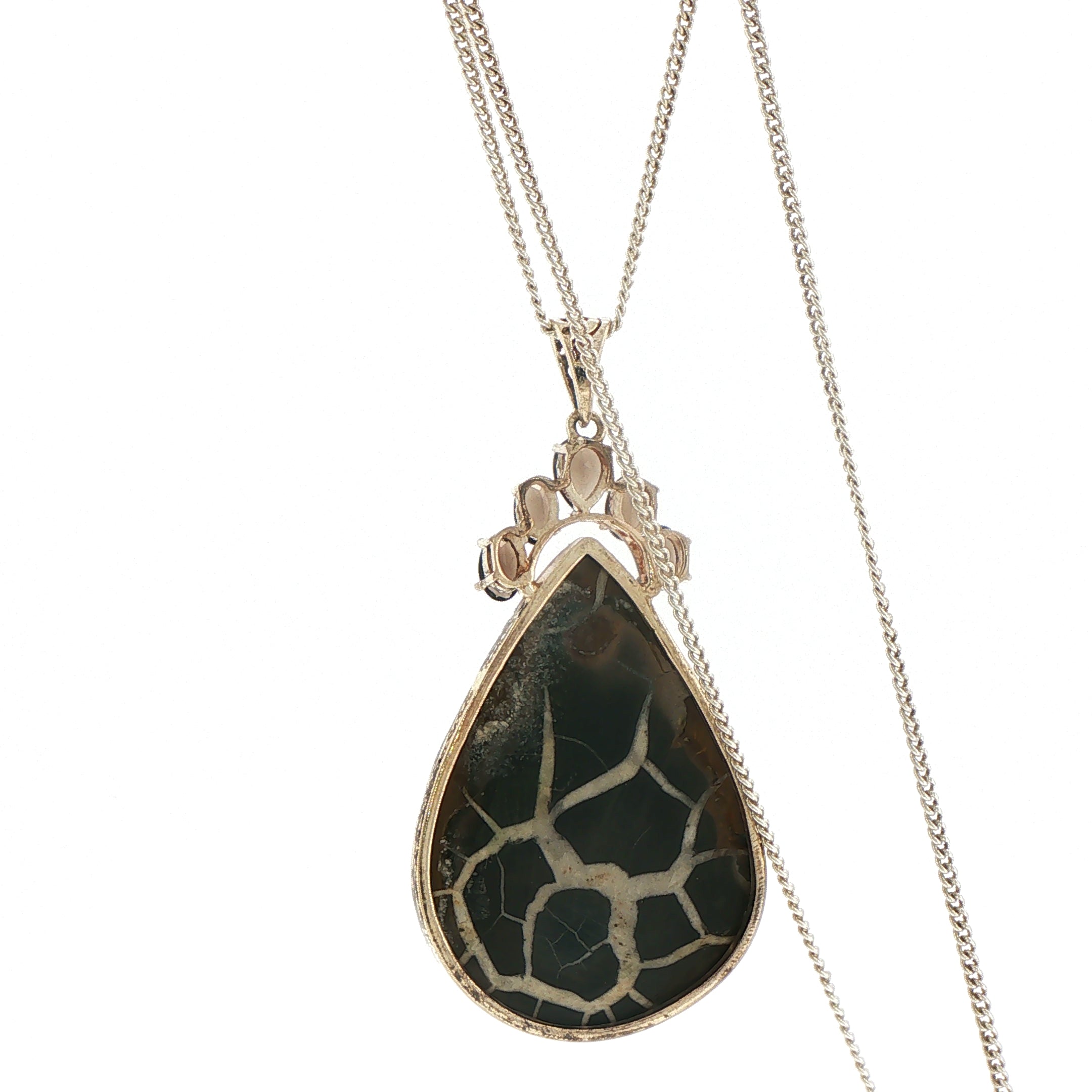 Patterned Teardrop Obsidian and Smokey Quartz Pendant Necklace in Silver