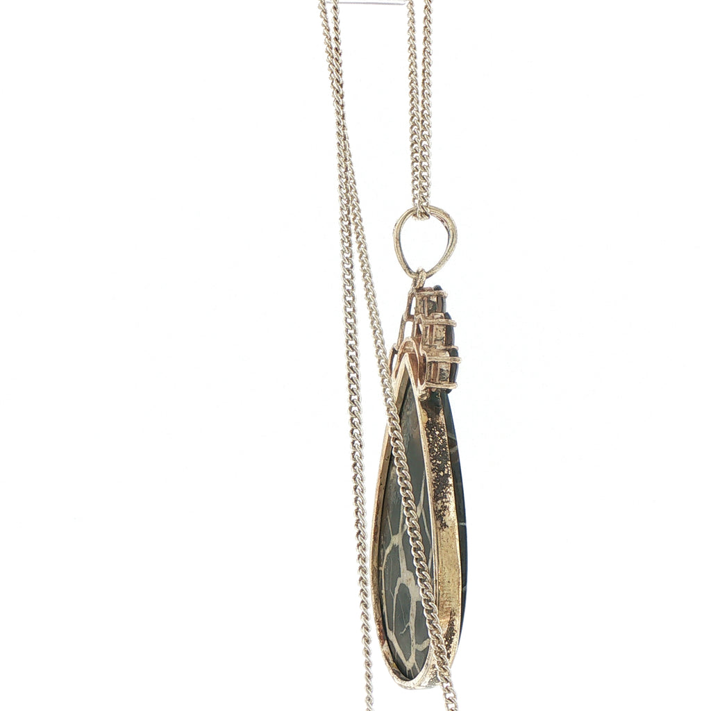 Patterned Teardrop Obsidian and Smokey Quartz Pendant Necklace in Silver
