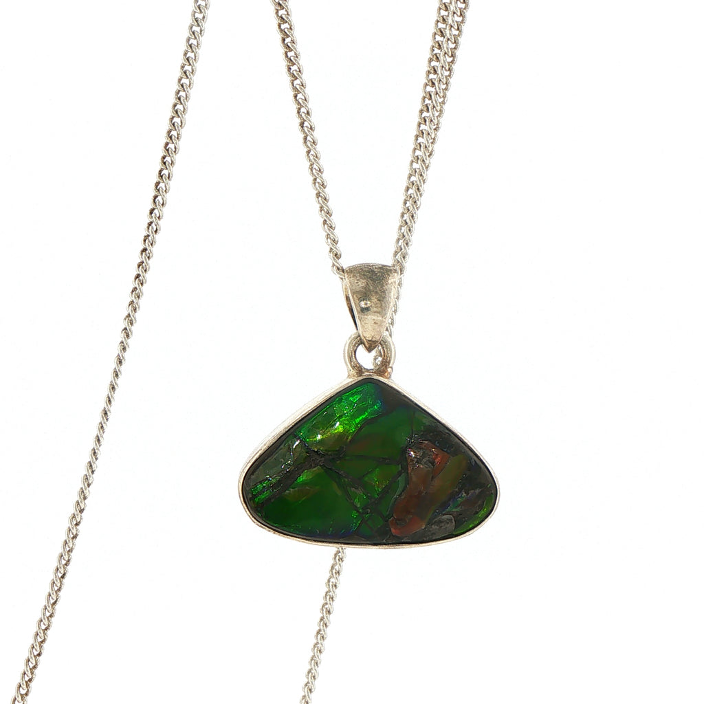 Triangular Green Ammolite Pendant Necklace in Silver