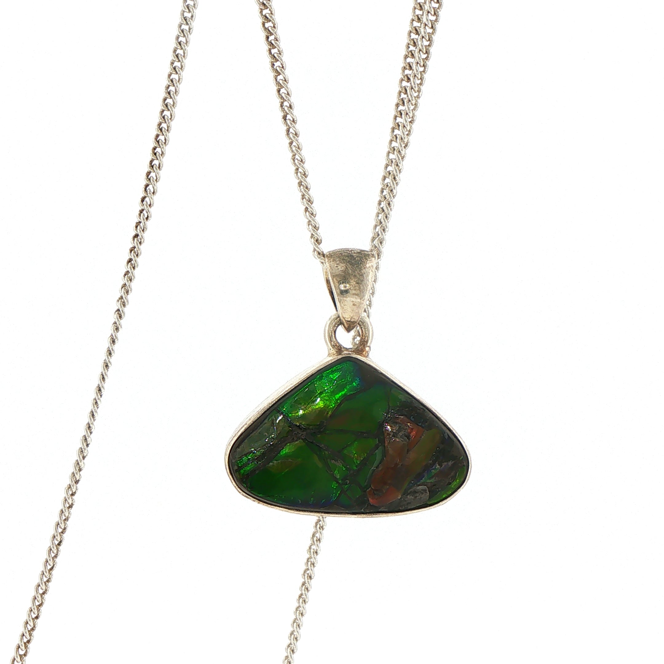 Triangular Green Ammolite Pendant Necklace in Silver