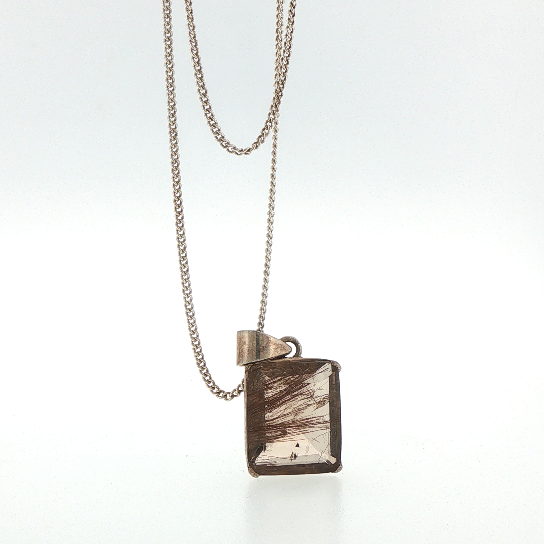 Rectangular Rutilated Quartz Pendant Necklace in Silver