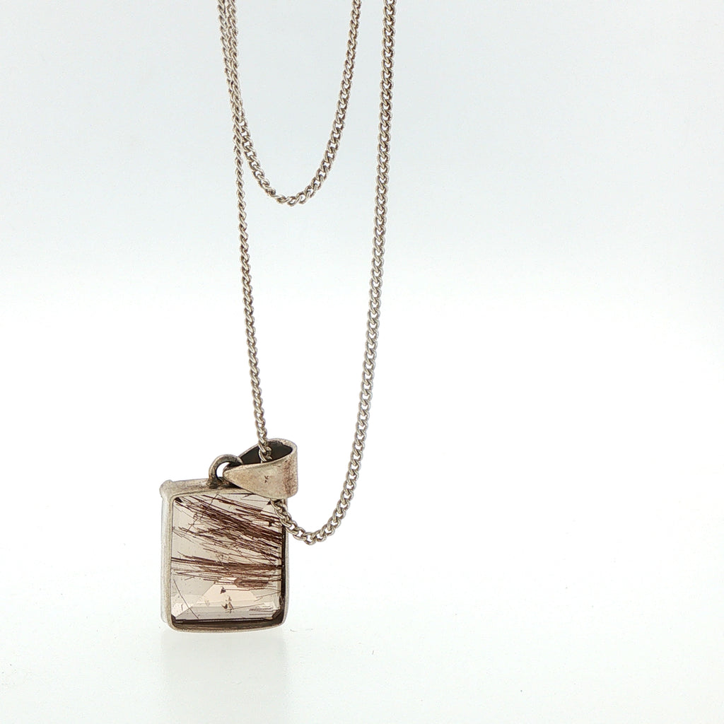 Rectangular Rutilated Quartz Pendant Necklace in Silver