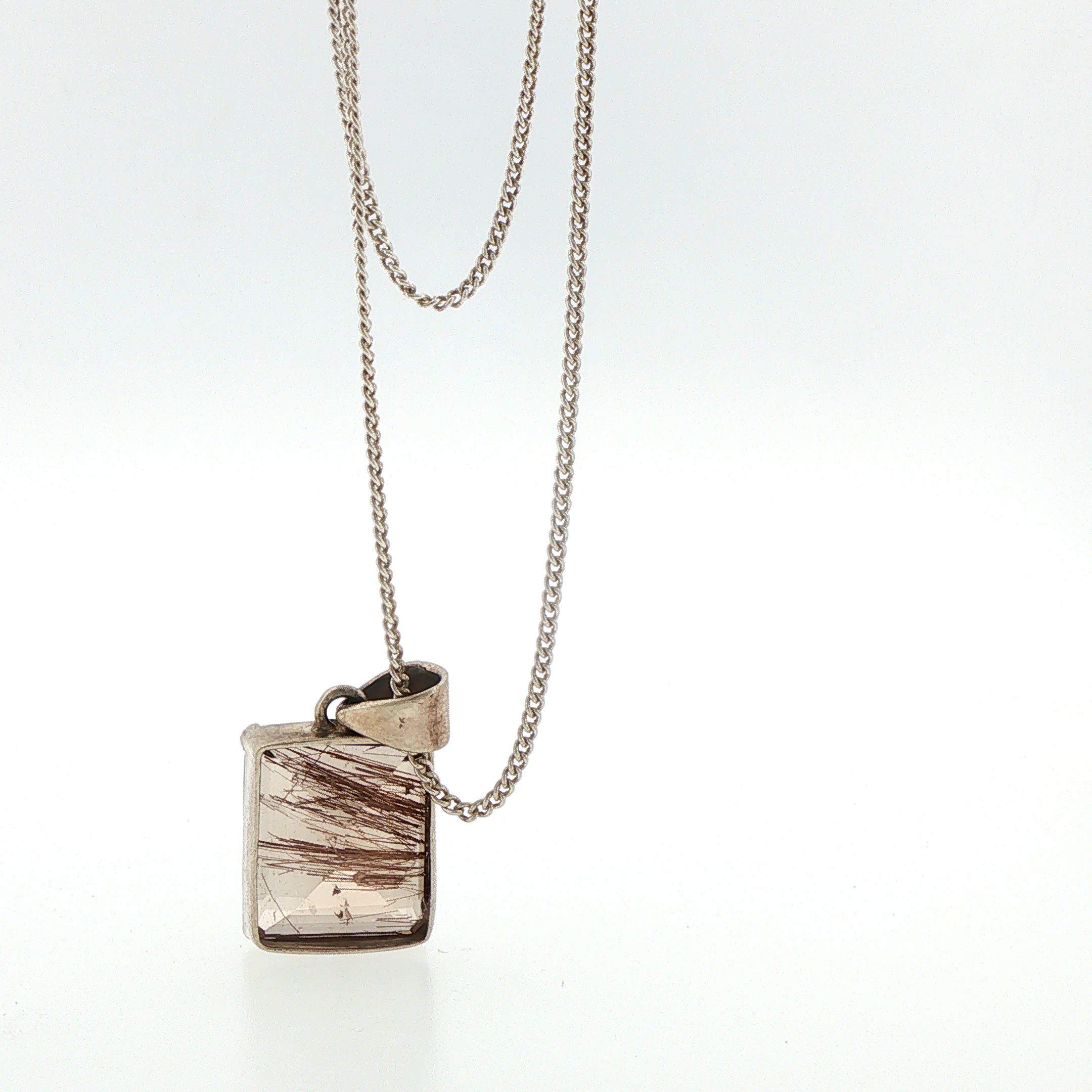 Rectangular Rutilated Quartz Pendant Necklace in Silver