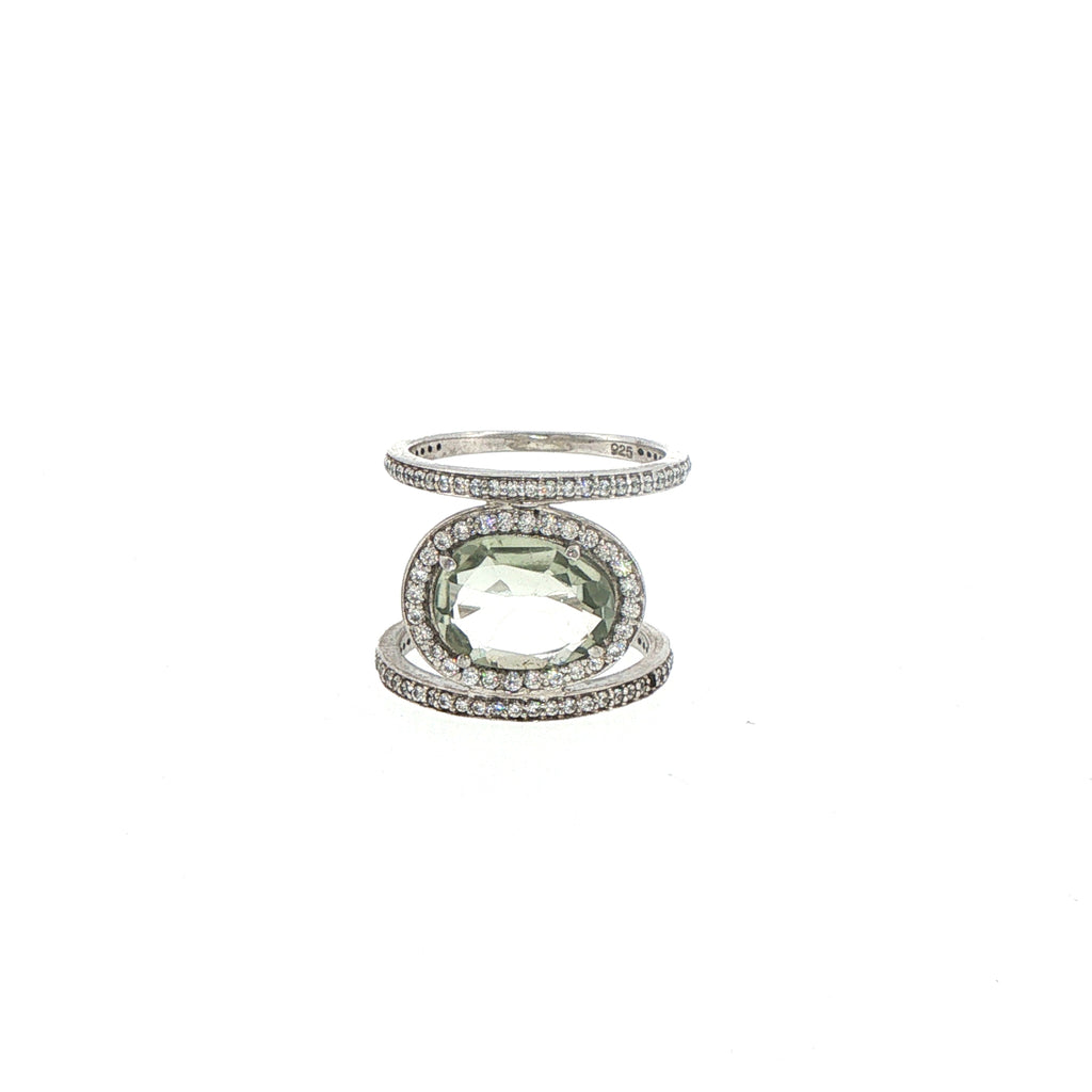 Sterling Silver Oval Quartz Double Band Halo Cocktail Ring