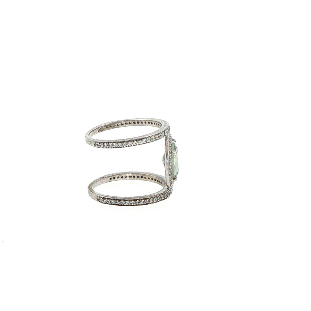 Sterling Silver Oval Quartz Double Band Halo Cocktail Ring