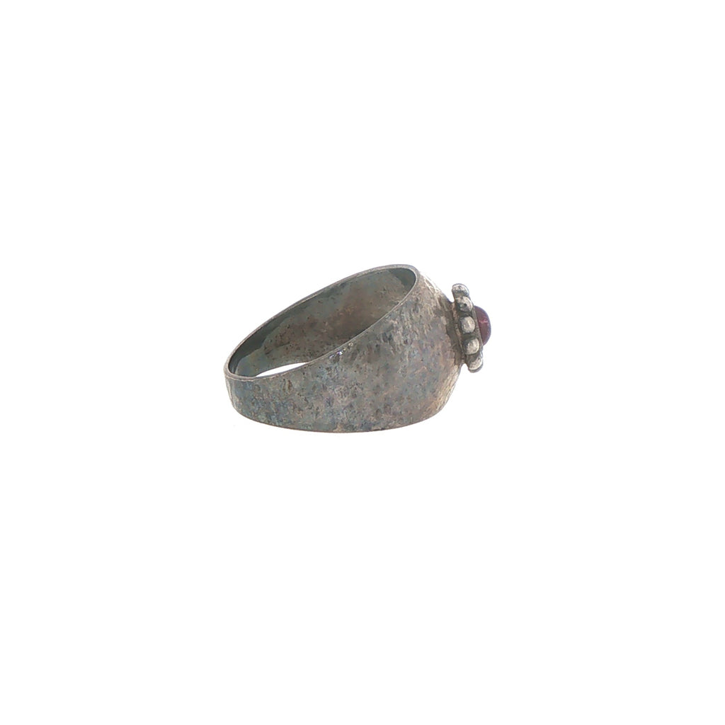Textured Silver Beaded Rodolite Garnet Signet Ring
