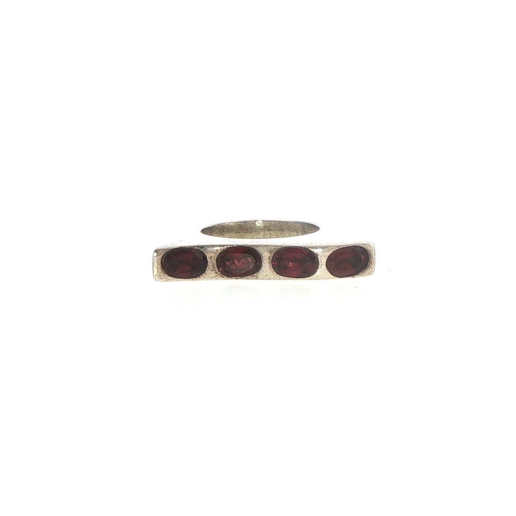 Silver Horizontal Bar Ring with Oval Garnets