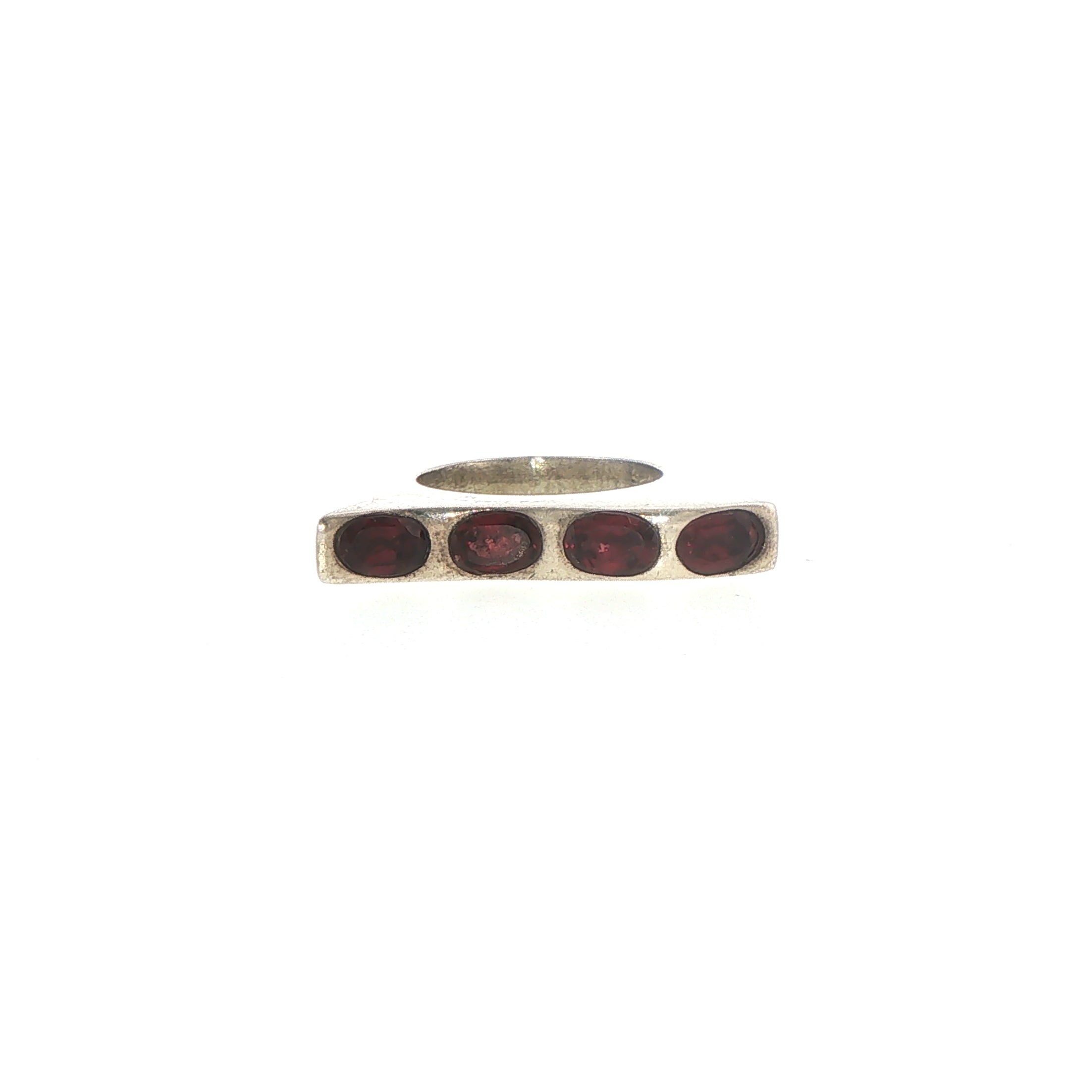 Silver Horizontal Bar Ring with Oval Garnets