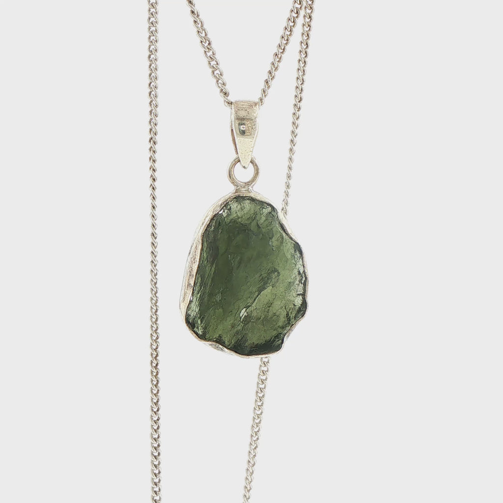 Raw Moldavite Pendant Necklace in Silver