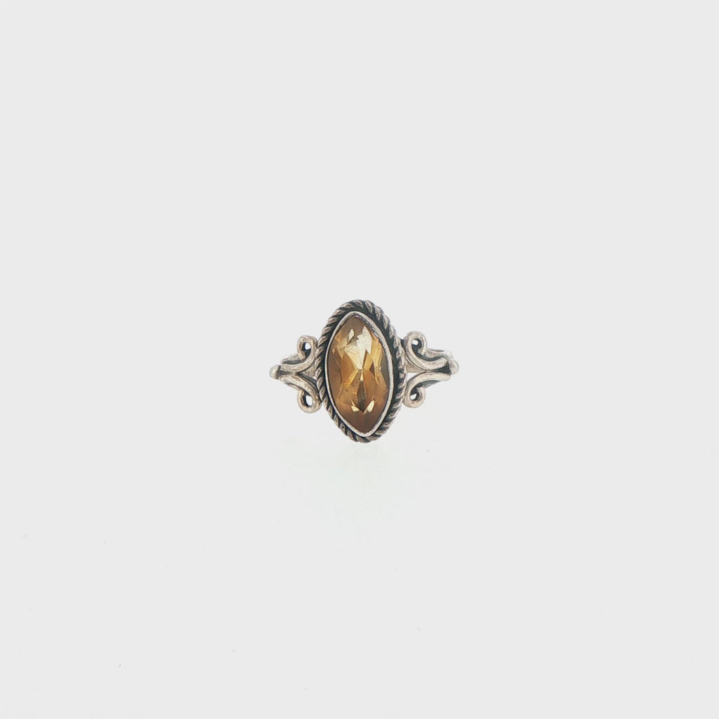 Marquise Citrine Silver Solitaire Ring with Scroll Detailing