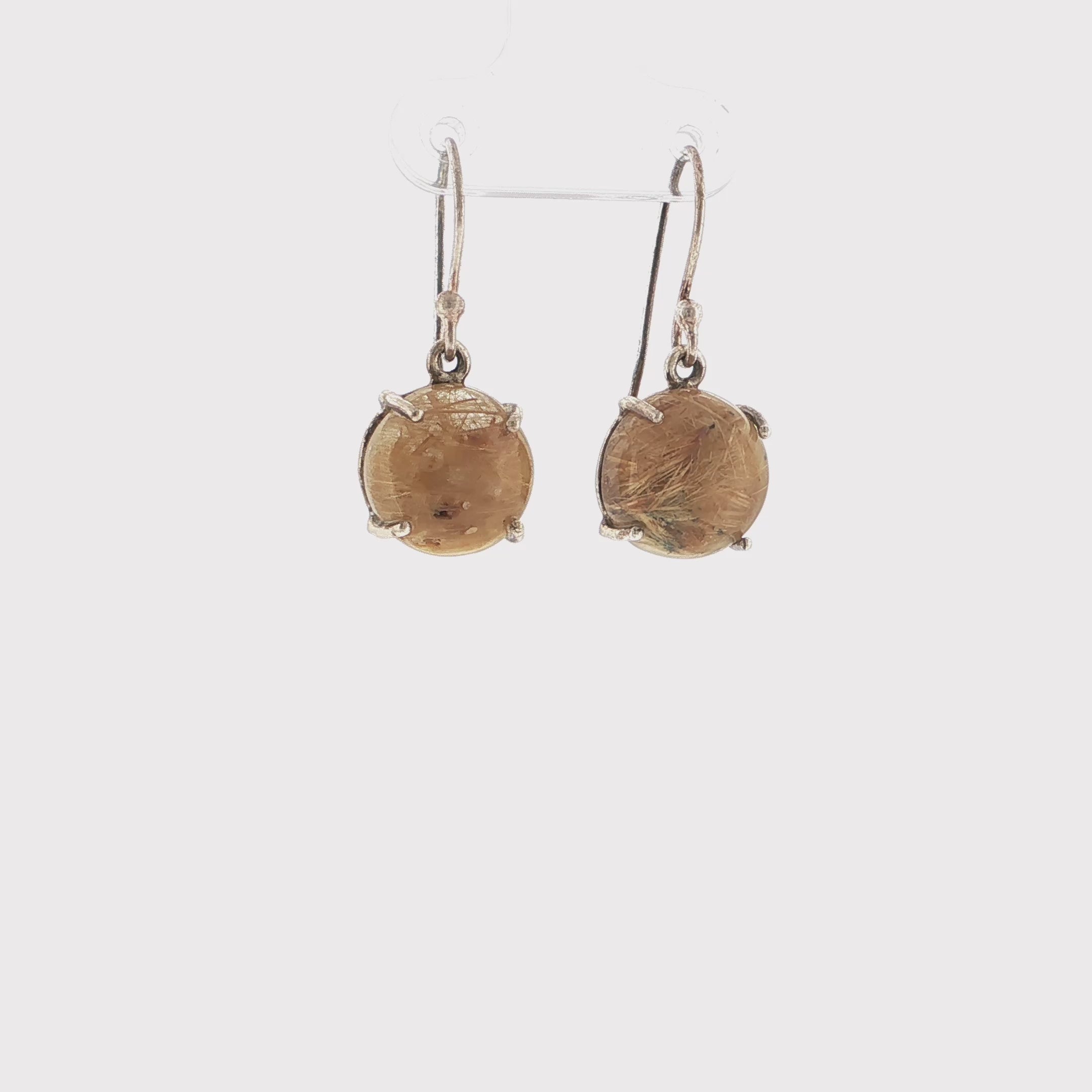 Round Rutile Quartz Cabochon Silver Drop Earrings