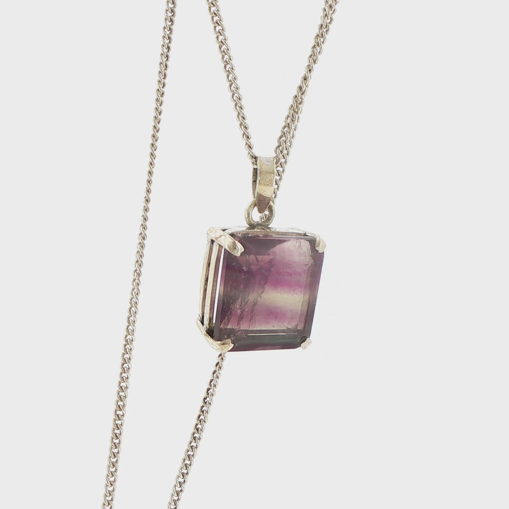 Silver Fluorite Square Charm Necklace