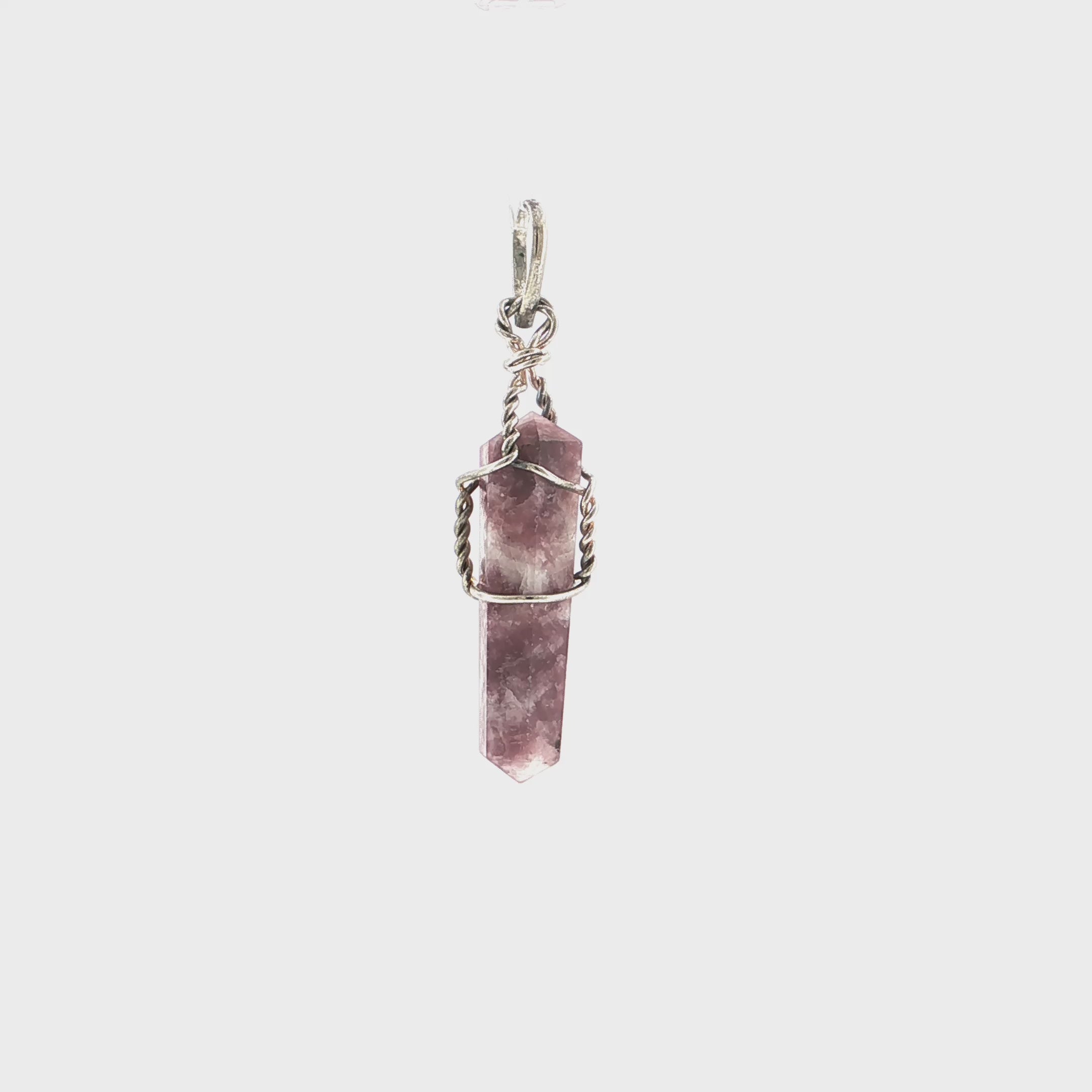 Wire-Wrapped Hexagonal Lepidolite Crystal Pendant in Silver