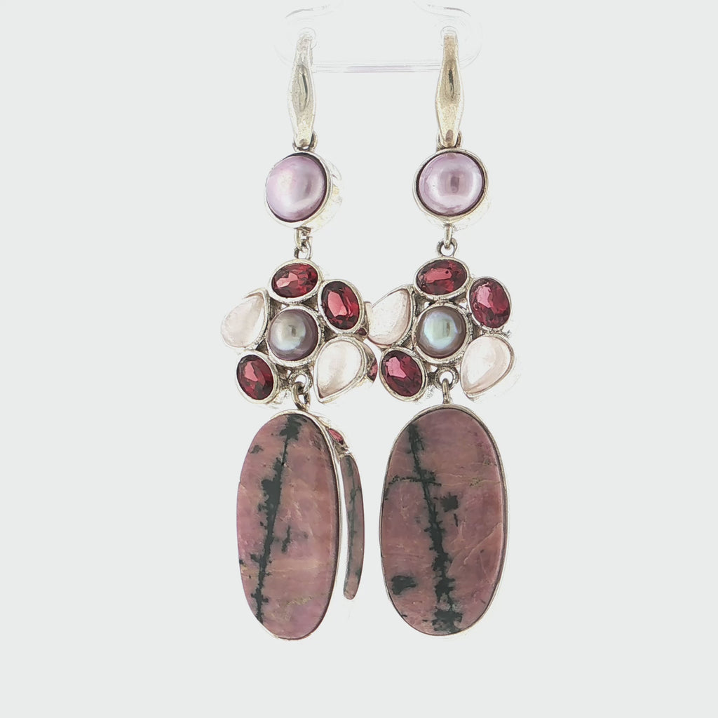 Artisan Rhodonite, Garnet and Pearl Mixed Gemstone Dangle Earrings