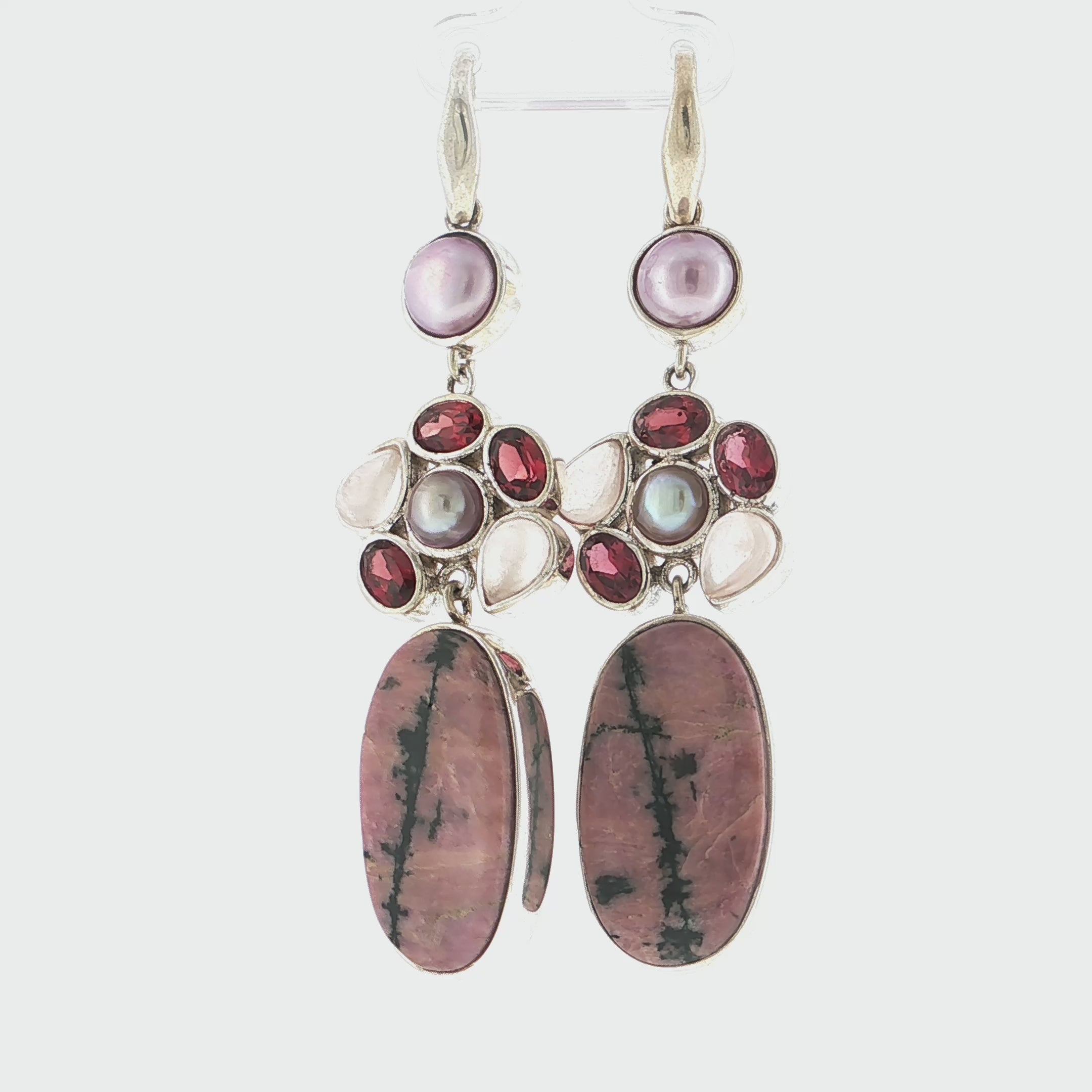 Artisan Rhodonite, Garnet and Pearl Mixed Gemstone Dangle Earrings