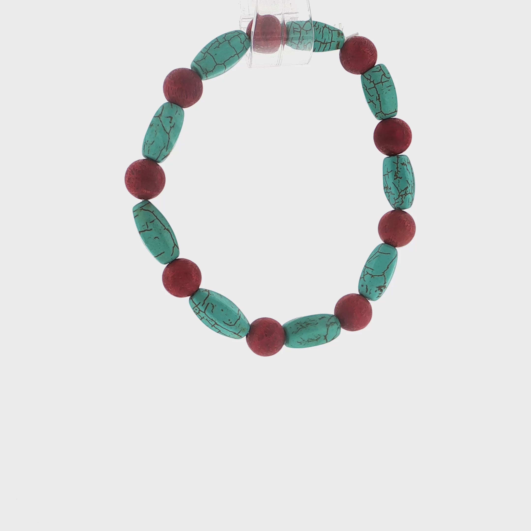 Oval Turquoise and Round Red Bead Stretch Bracelet