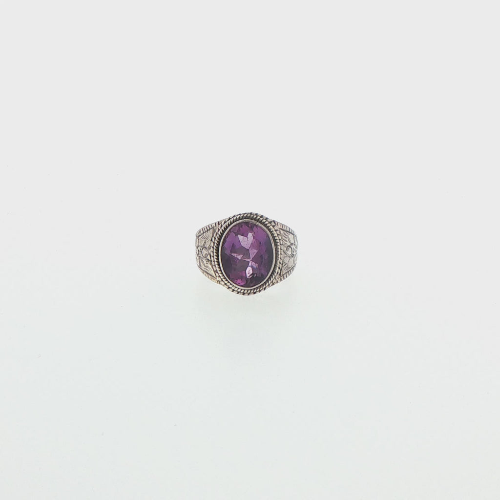 Engraved Silver Signet Ring with Oval Amethyst