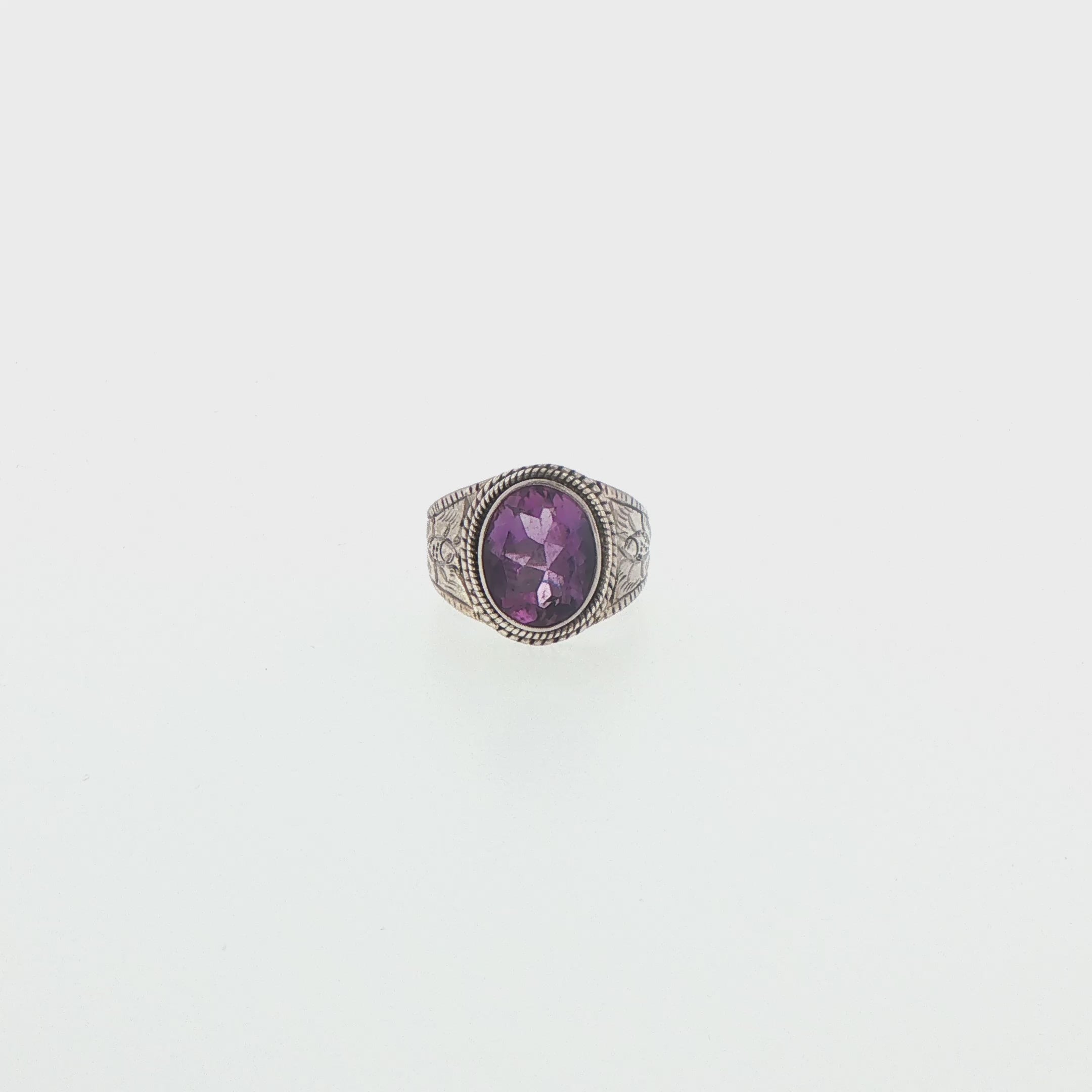 Engraved Silver Signet Ring with Oval Amethyst