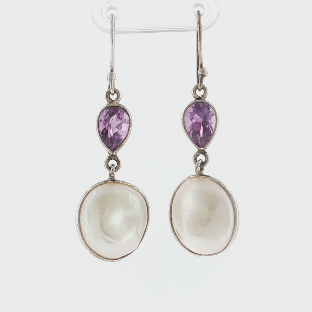 Oval Pearl and Pear-Cut Amethyst Silver Drop Earrings