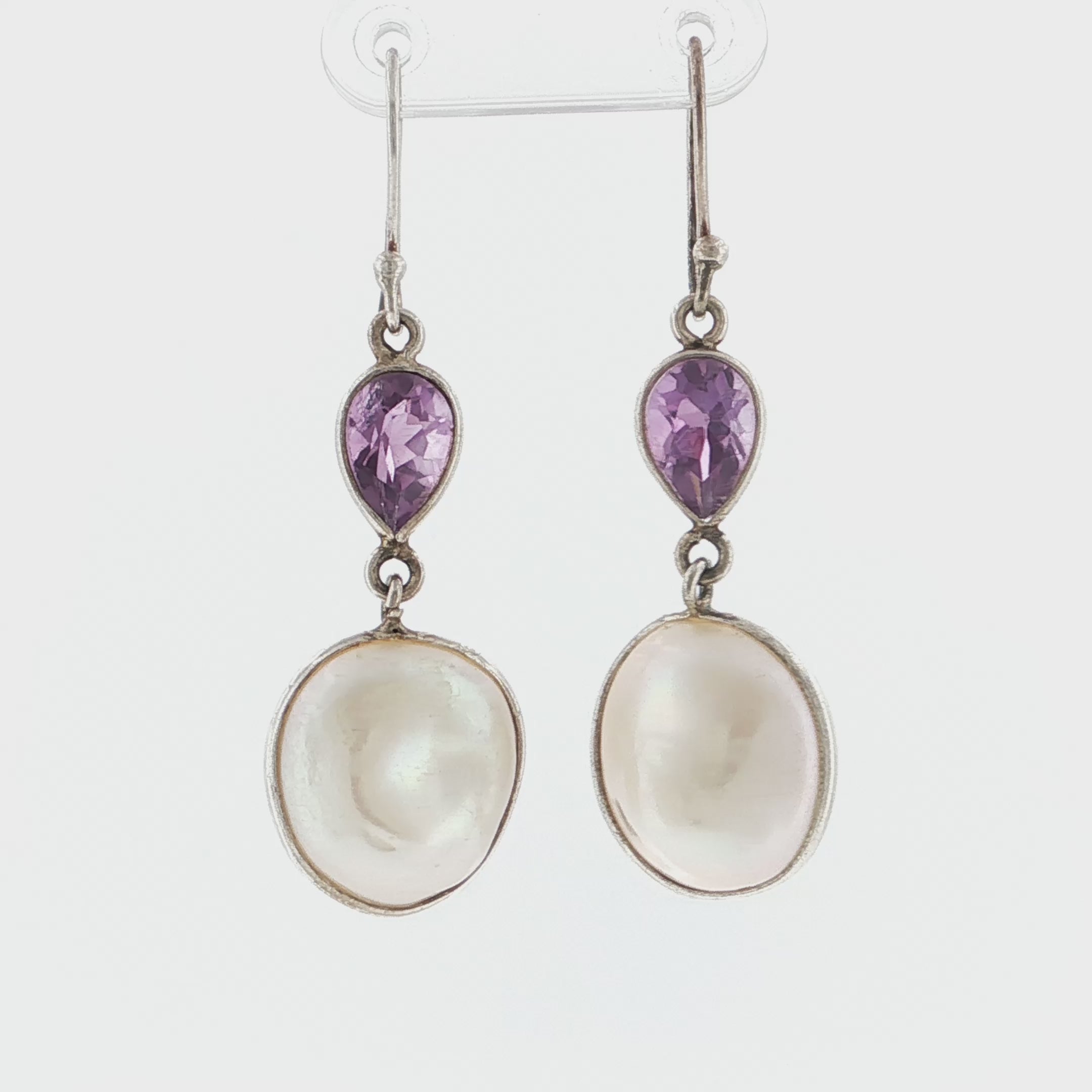 Oval Pearl and Pear-Cut Amethyst Silver Drop Earrings