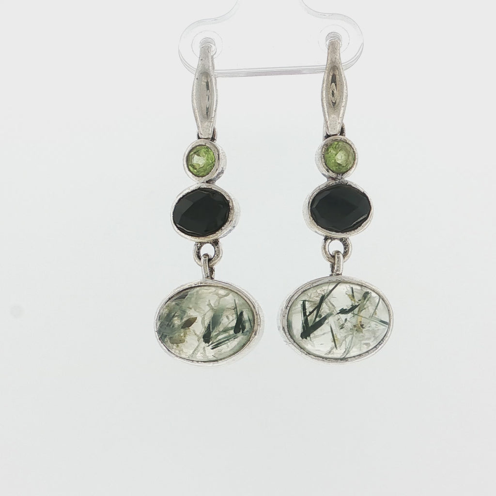 Triple Stone Rutilated Quartz, Onyx, and Peridot Silver Dangle Earrings
