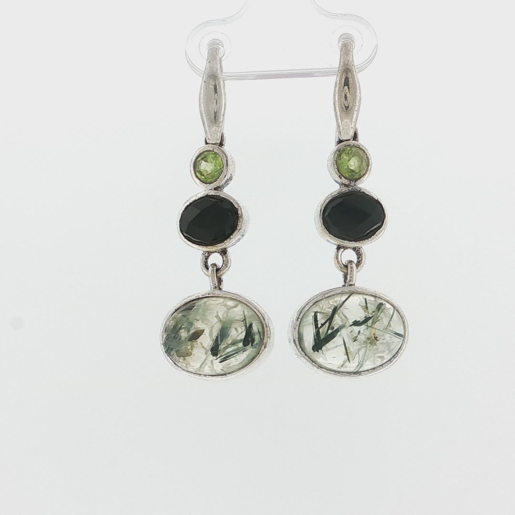 Triple Stone Rutilated Quartz, Onyx, and Peridot Silver Dangle Earrings