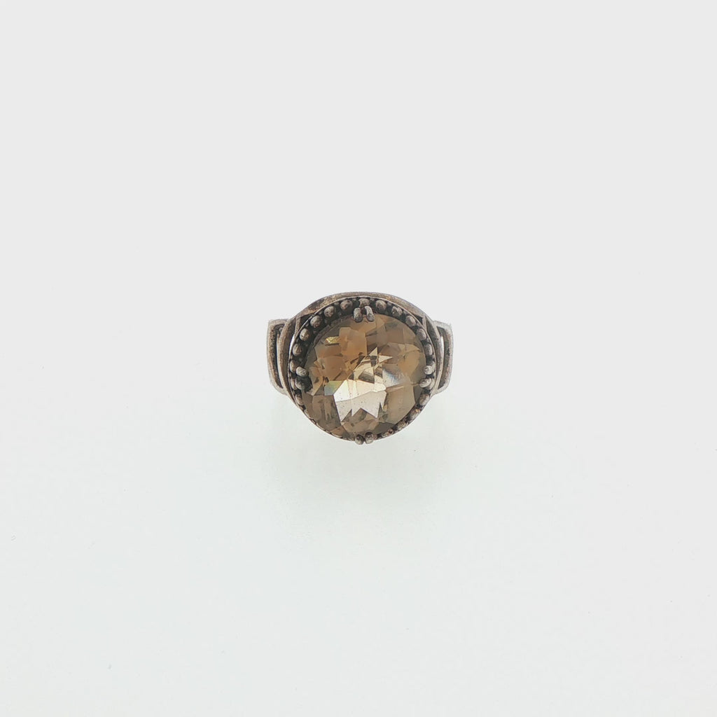 Silver Citrine Solitaire Ring with Beaded Detailing
