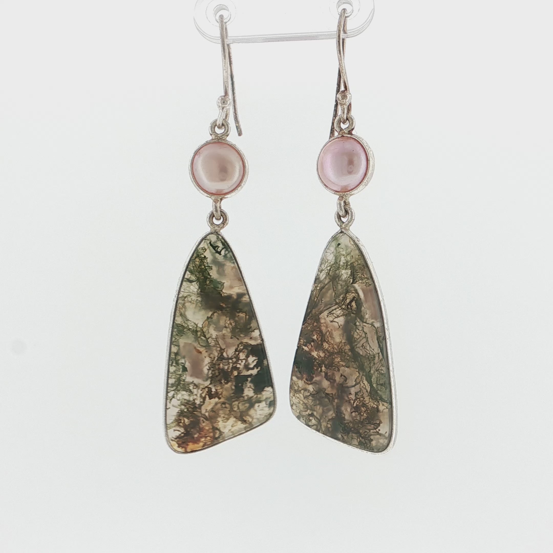 Moss Agate and Pink Pearl Sterling Silver Trapezoid Dangle Earrings